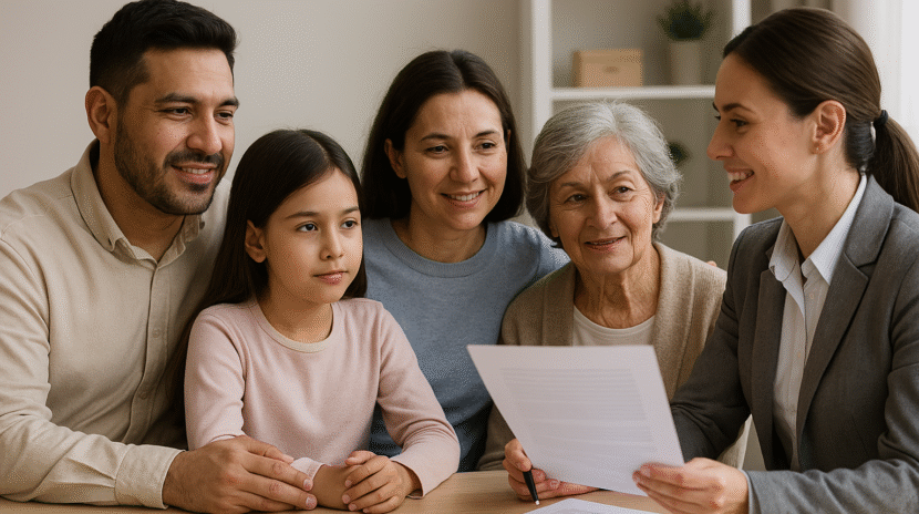 Familia mexicana multigeneracional junto a una agente legal en un entorno institucional, representando estabilidad y protección migratoria.