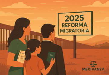 Familia mexicana con documentos frente al muro fronterizo bajo el cielo de 2025