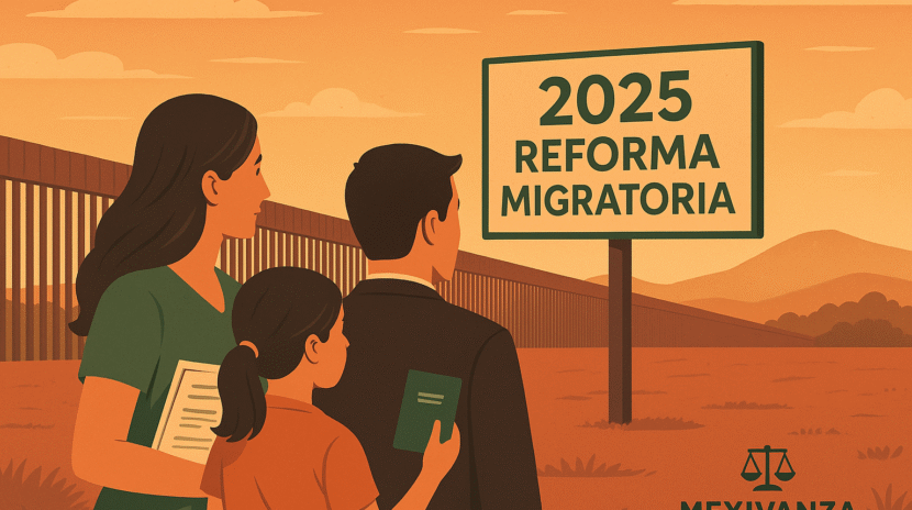 Familia mexicana con documentos frente al muro fronterizo bajo el cielo de 2025