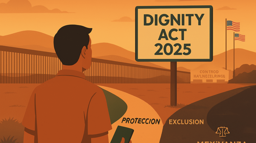Migrante mexicano frente a caminos opuestos bajo el letrero “Dignity Act 2025”
