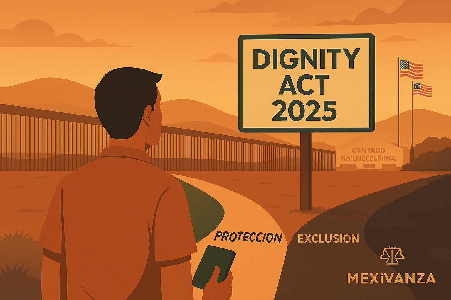 Migrante mexicano frente a caminos opuestos bajo el letrero “Dignity Act 2025”