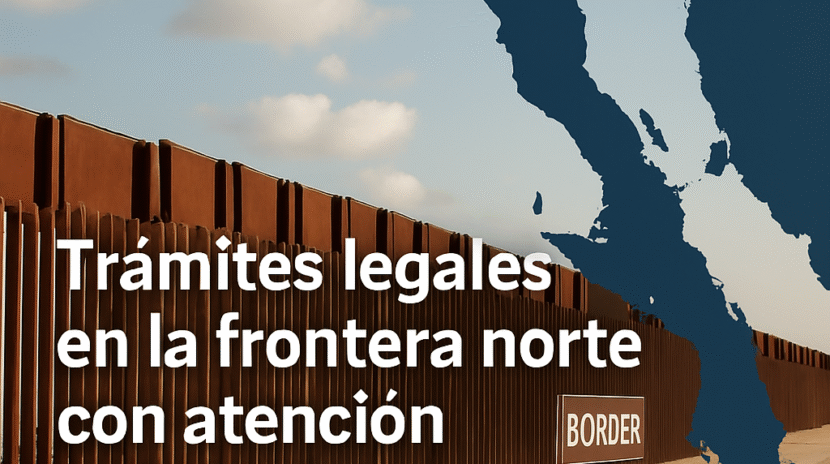 Banner con silueta de Baja California y línea fronteriza; promoción de trámites migratorios en Tijuana con atención bilingüe.