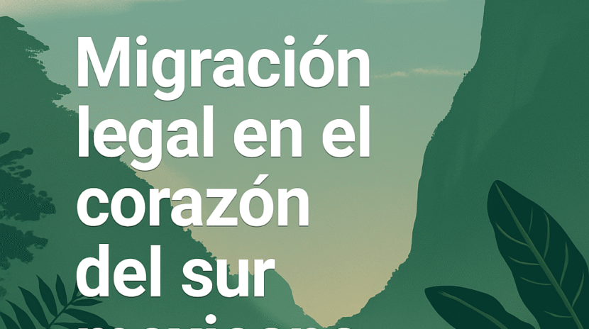 Banner con silueta del Cañón del Sumidero y vegetación chiapaneca; promoción de trámites migratorios con asesoría legal bilingüe en Tuxtla Gutiérrez.