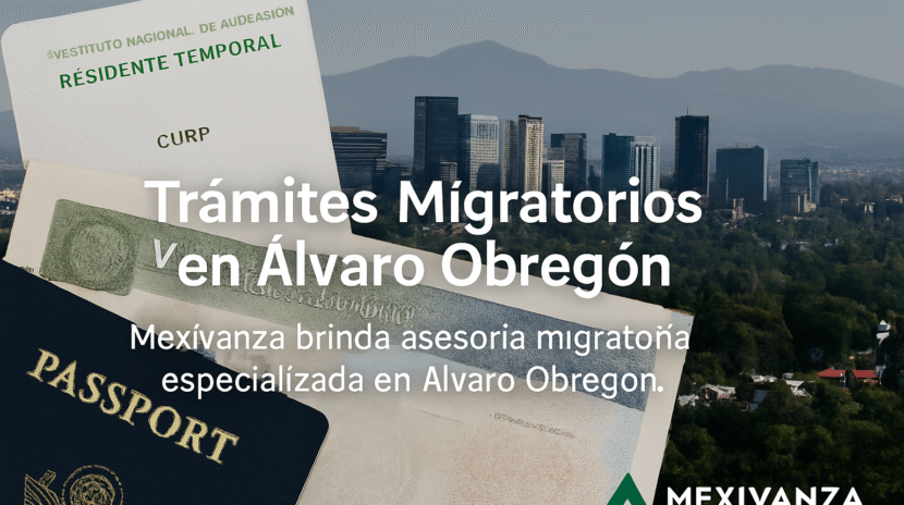 Documentos migratorios y vista urbana de Santa Fe en Álvaro Obregón, CDMX