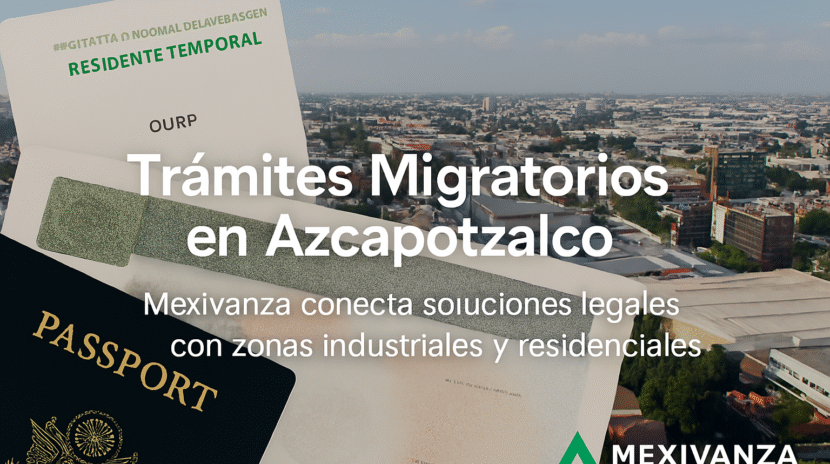 Banner institucional de Mexivanza con documentos migratorios y entorno industrial-residencial en Azcapotzalco, CDMX