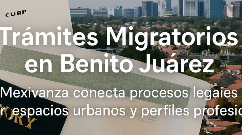 Banner de Mexivanza con documentos legales y zona residencial urbana en Benito Juárez, CDMX