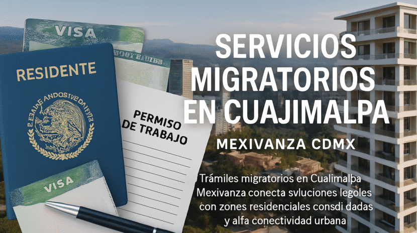 Banner institucional de Mexivanza con documentos migratorios y fondo residencial urbano en Cuajimalpa, CDMX