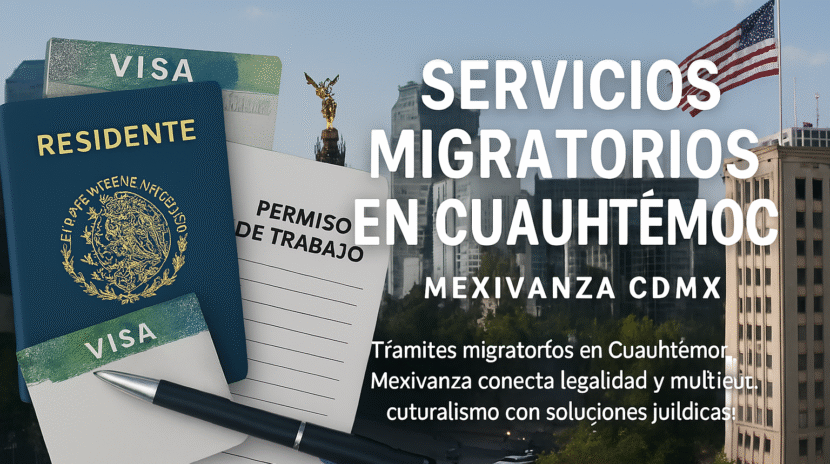 Banner institucional de Mexivanza con documentos migratorios y fondo urbano internacional en Cuauhtémoc, CDMX