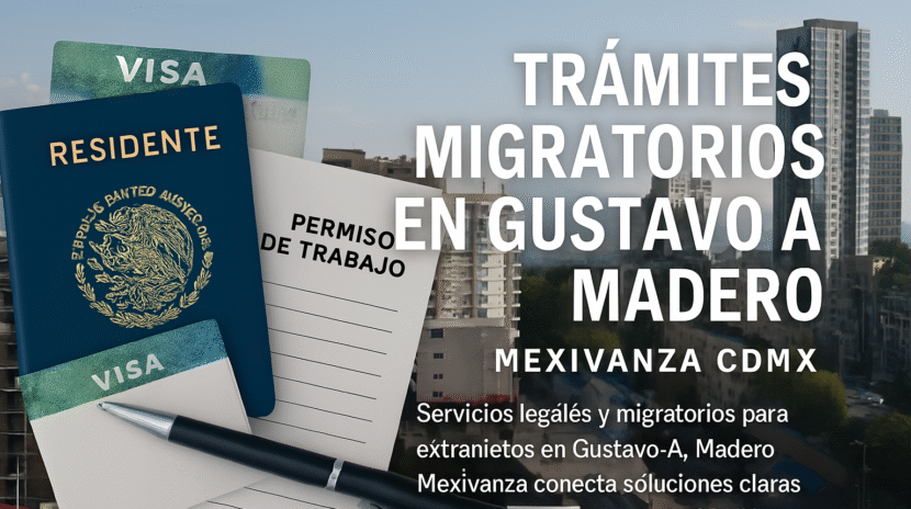 Banner migratorio de Mexivanza en Gustavo A. Madero con documentos legales y entorno urbano norteño en CDMX