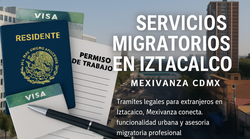Banner migratorio institucional de Mexivanza con documentos legales y fondo urbano funcional en Iztacalco, CDMX