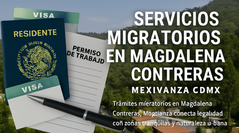 Banner institucional de Mexivanza con documentos migratorios y paisaje natural urbano en Magdalena Contreras, CDMX