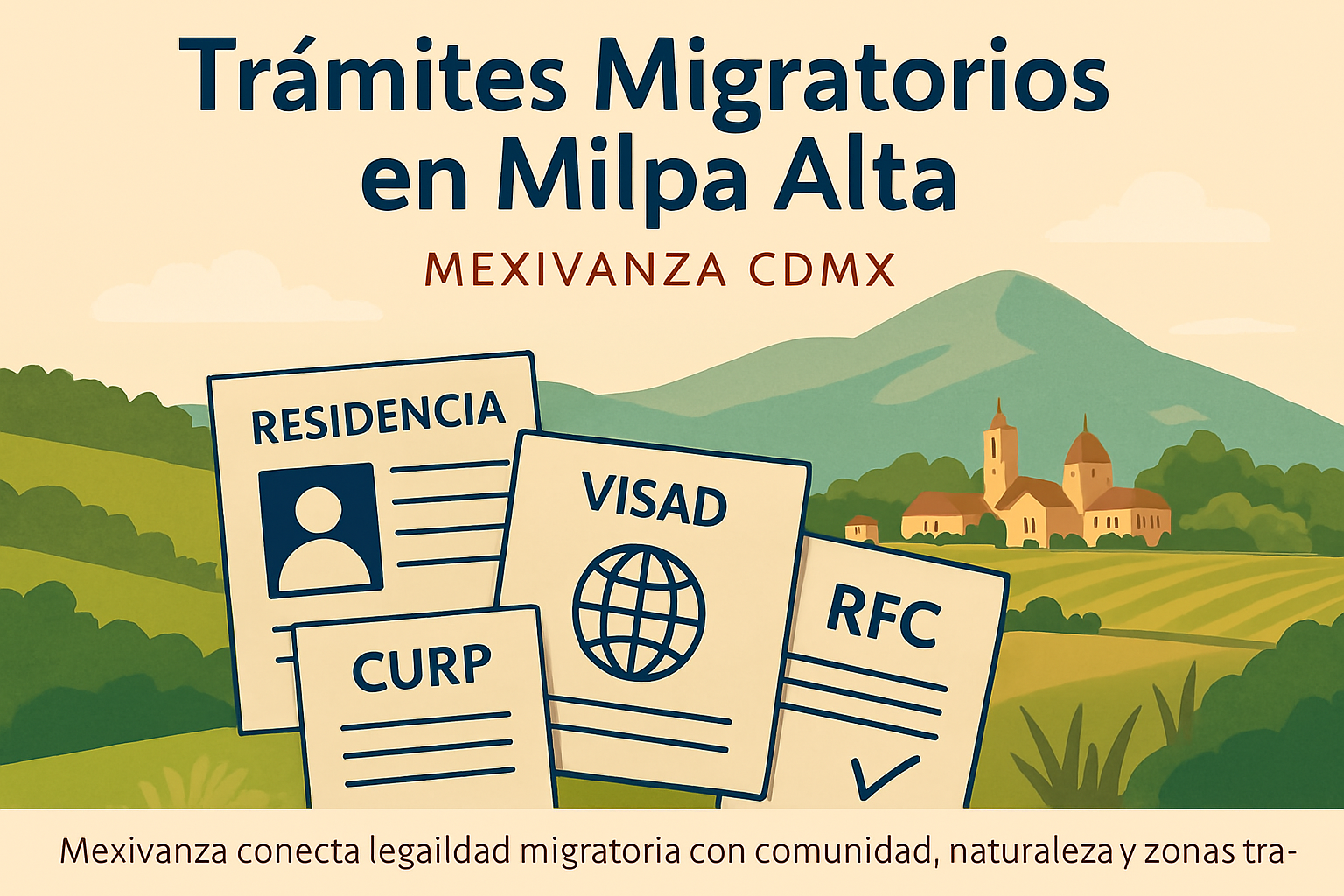 Banner institucional de Mexivanza con documentos migratorios y paisaje rural-montañoso de Milpa Alta, CDMX