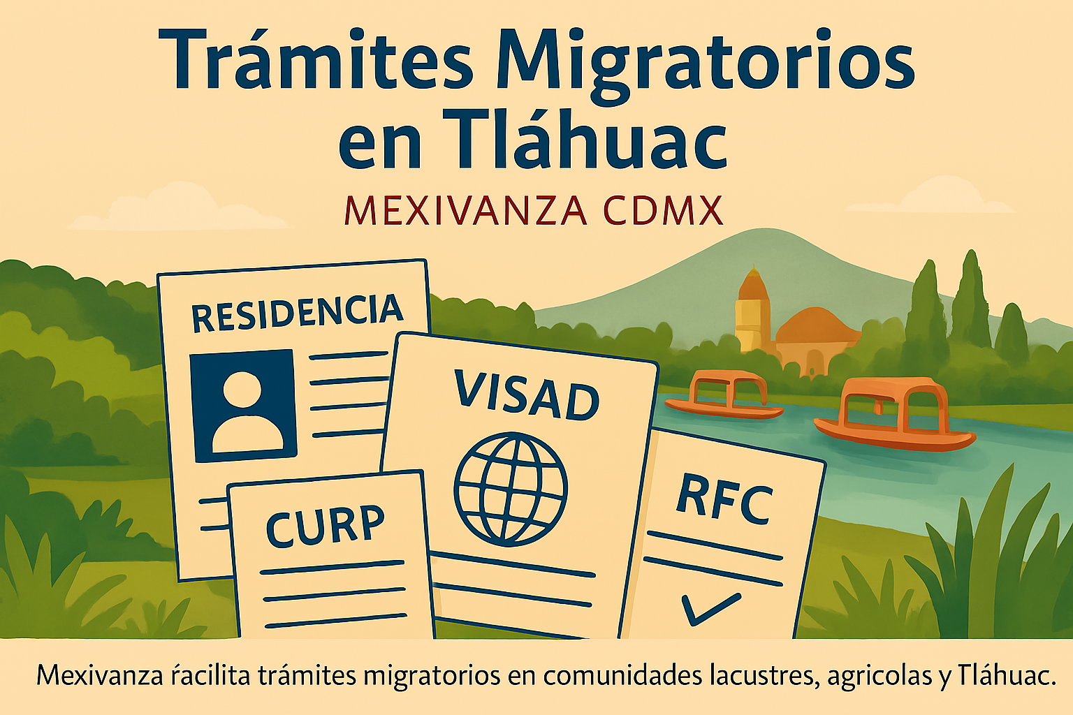 Banner institucional de Mexivanza con documentos migratorios y paisaje lacustre de Tláhuac, CDMX