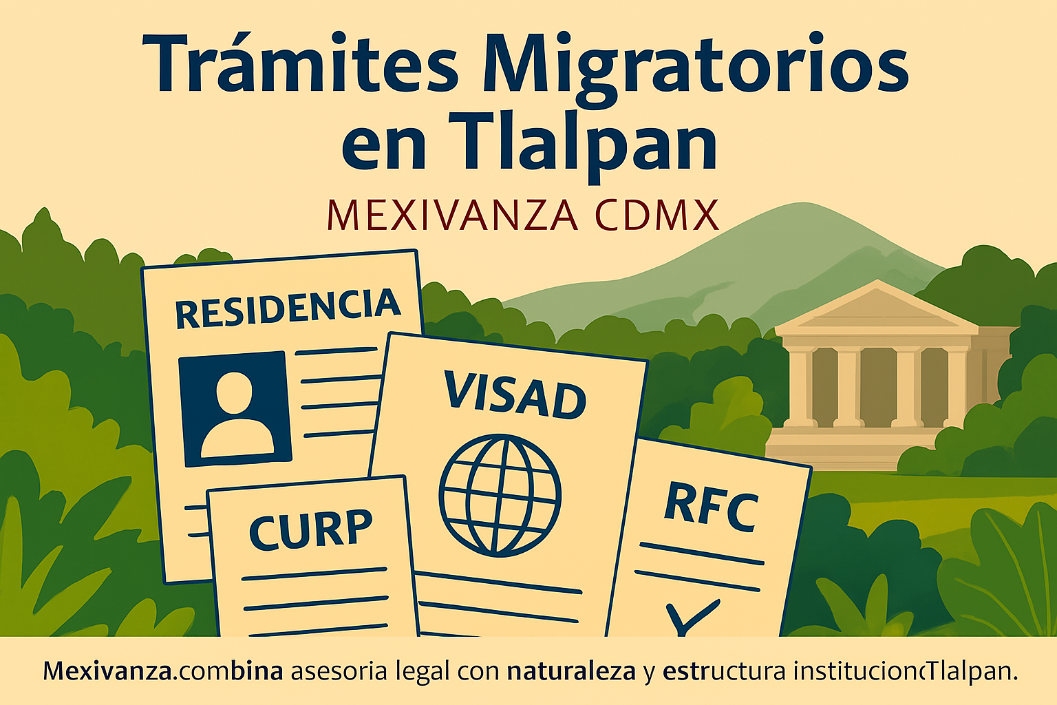 Banner institucional de Mexivanza con documentos migratorios y paisaje ecológico-administrativo de Tlalpan, CDMX
