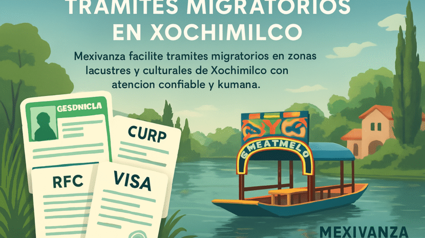 Banner institucional de Mexivanza con documentos migratorios y paisaje lacustre de Xochimilco, CDMX