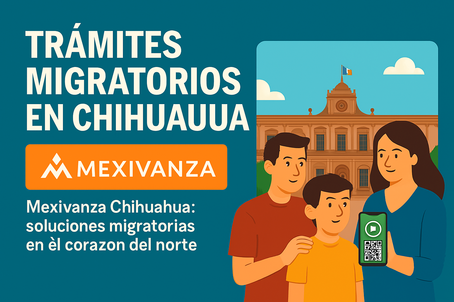 Familia frente al Palacio de Gobierno de Chihuahua, representando asesoría migratoria de Mexivanza