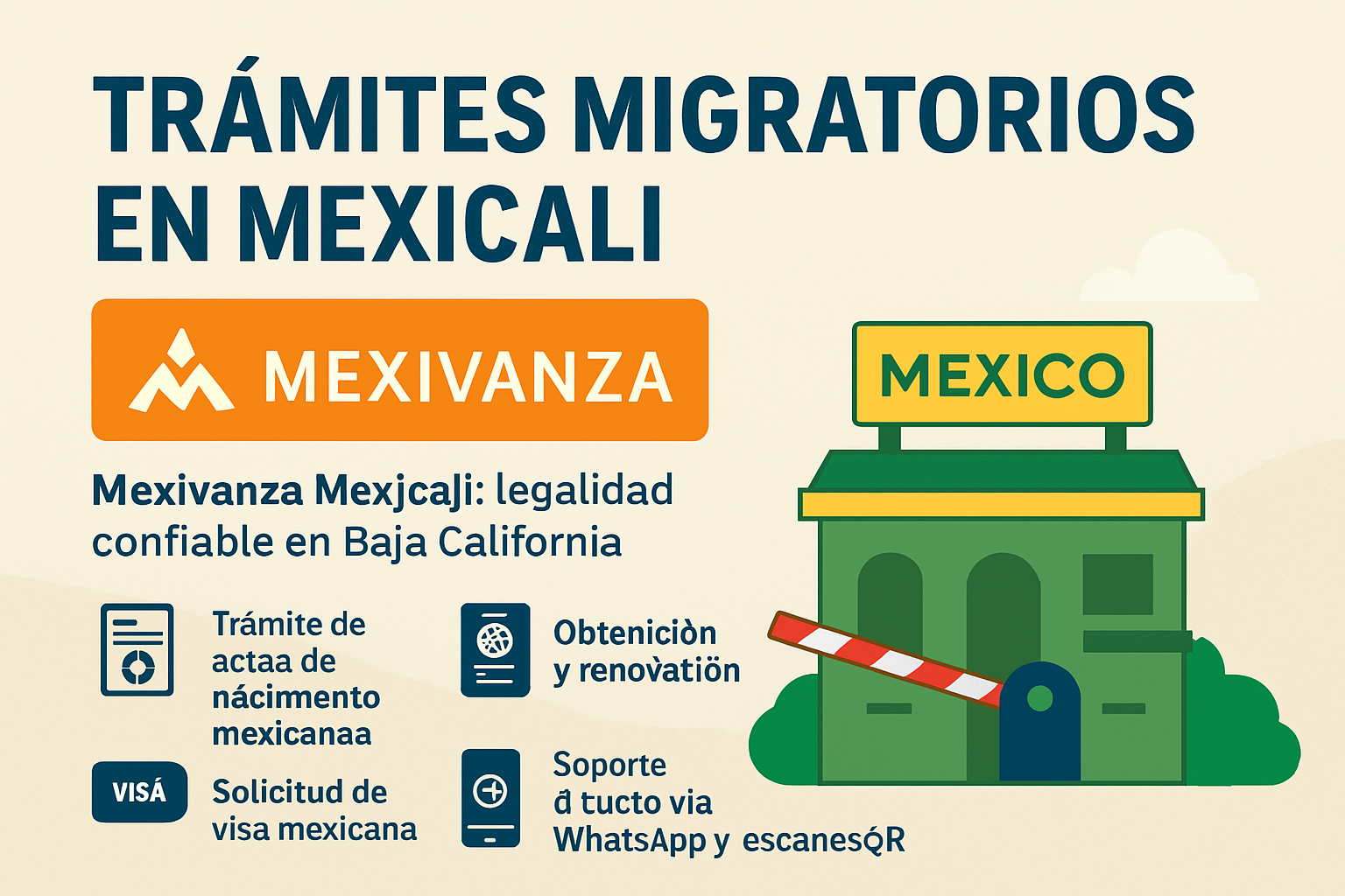 "Banner de Mexivanza Mexicali mostrando símbolos familiares y migratorios con tonos cálidos e institucionales."