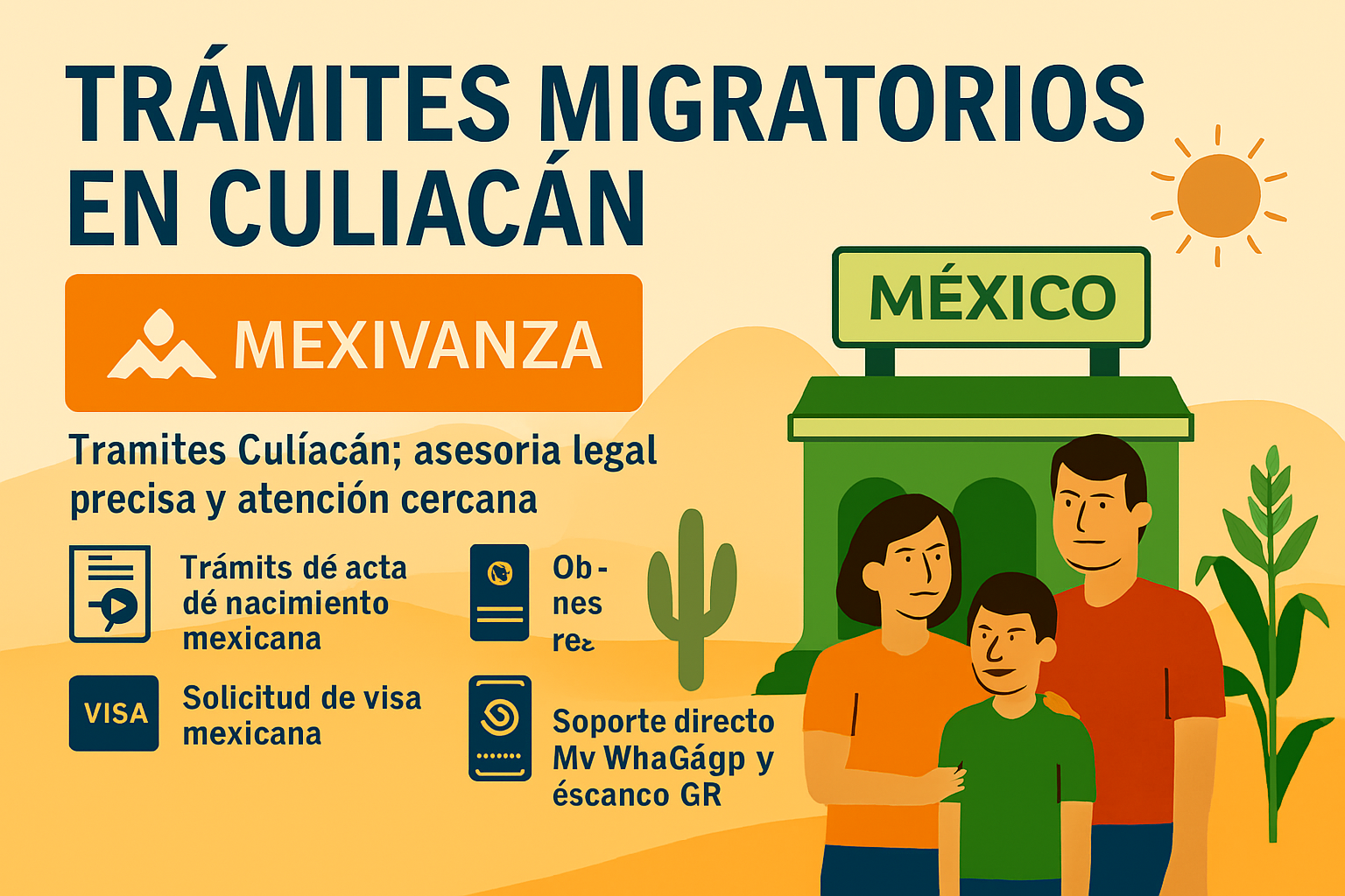 "Banner institucional de Mexivanza Culiacán con motivos regionales y enfoque legal migratorio."