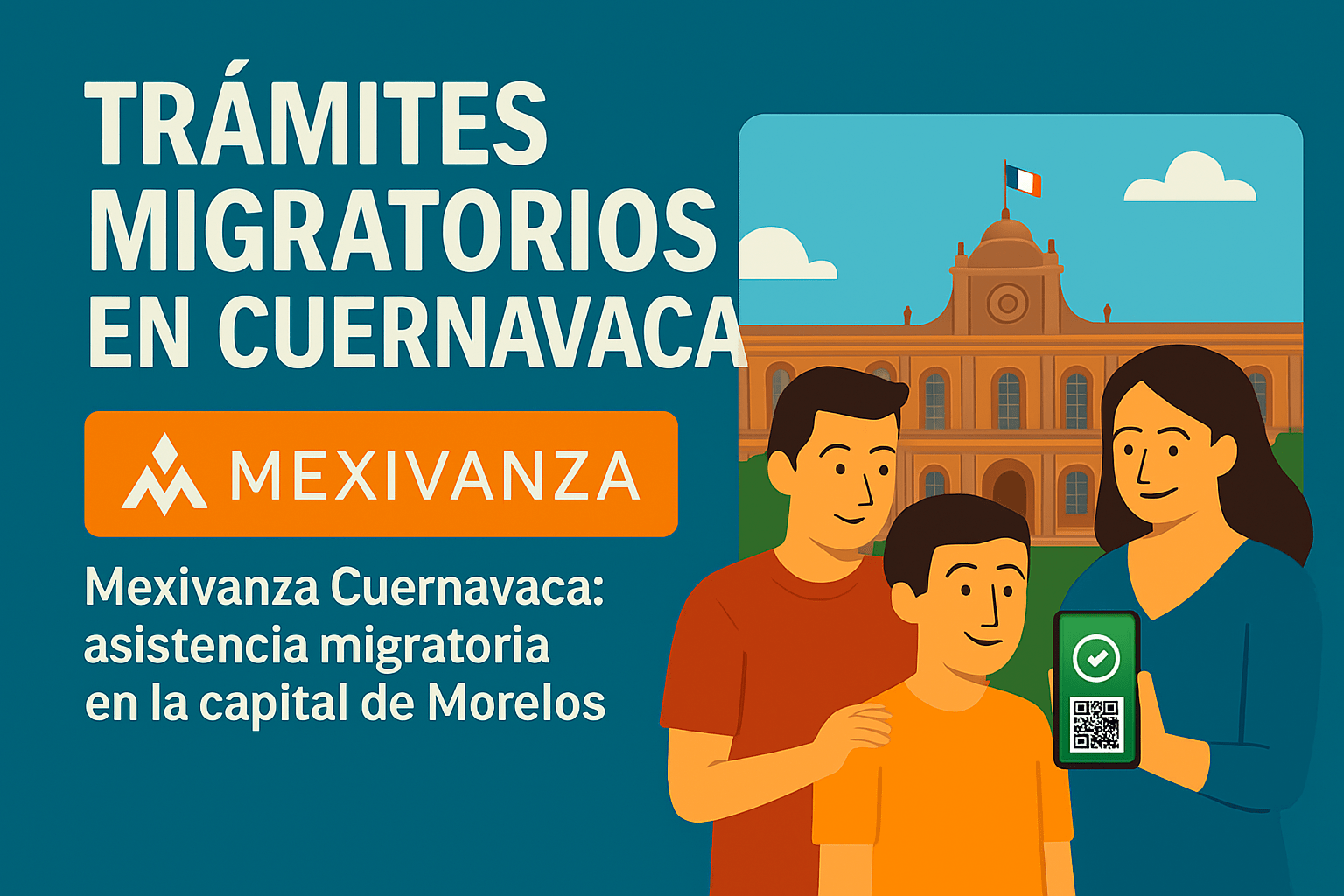 Familia consultando trámites migratorios con Mexivanza frente al Palacio de Cortés en Cuernavaca